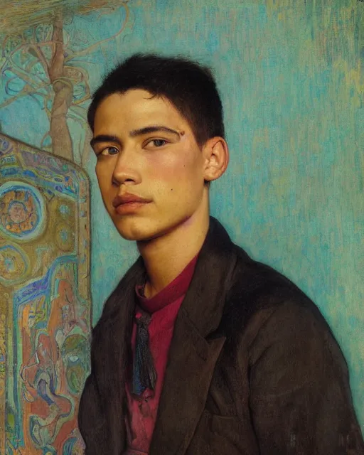 Image similar to young handsome peruvian man, portrait painting by richard schmid, edgar maxence, kehinde wiley, thomas moran, maxfield parrish, studio ghibli, loish, alphonse mucha, fashion photography