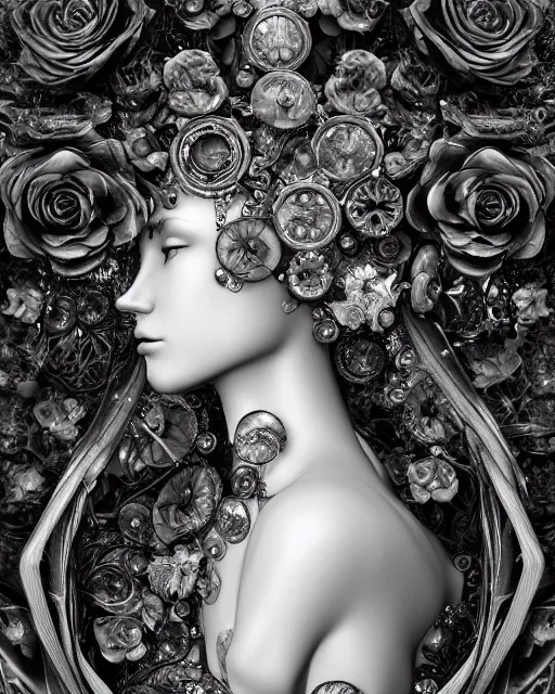 Image similar to mythical dreamy black and white organic bio - mechanical spinal ribbed profile face portrait detail of translucent steampunk beautiful female angelic - human - queen - vegetal - cyborg, highly detailed, intricate crystal ivy jelly ornate, poetic, translucent roses ornate, 3 d render, digital art, octane render, 8 k artistic photography, photo - realistic, by dora maar