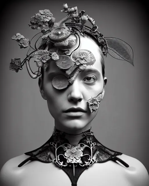 Image similar to monochrome 3 d model, 1 8 7 0 picture, silver mesh floral steampunk biomechanical beautiful young female cyborg with porcelain profile face and a techno eye, volumetric light, leaves foliage and stems, hibiscus flowers, sinuous fine roots, fine foliage lace, alexander mcqueen, rim light, big gothic fashion pearl embroidered collar, octane render, 8 k