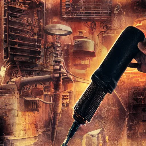 Image similar to half rusted old egg beater half stun - gun, balding older cyborg repairing, red hot soldering iron, dark messy smoke - filled cluttered workshop, dark, dramatic lighting, orange tint, cinematic, highly detailed, sci - fi, futuristic, movie still from blade runner