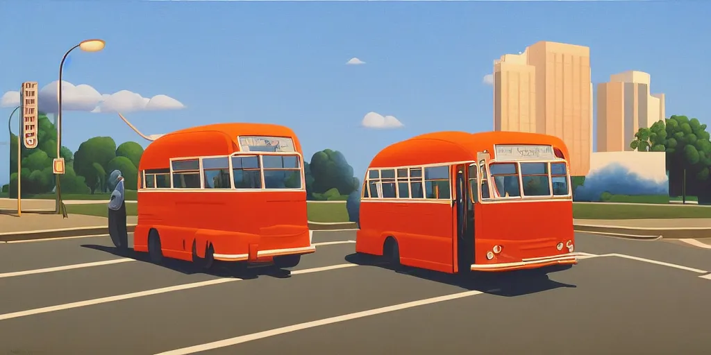 Image similar to a gigantic crab attacks a bus, blue sky, summer evening, kenton nelson