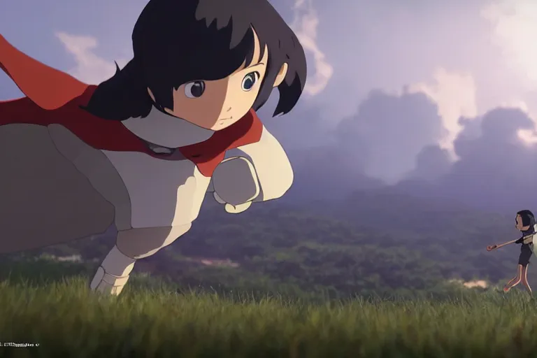 Prompt: a wholesome animation key shot of!! one!! focused!! fighter!! jet!!, in clear skies, wide shot, studio ghibli, pixar and disney animation, sharp, very detailed, high resolution, rendered in unreal engine 5, anime key art by greg rutkowski, bloom, dramatic lighting