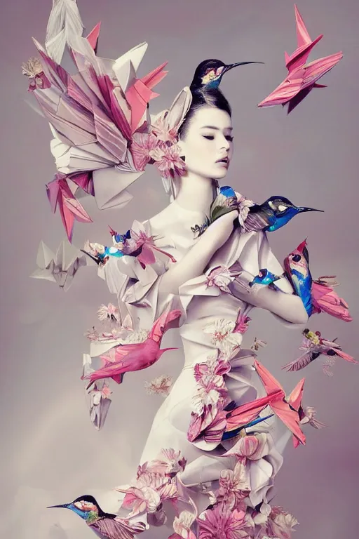 Image similar to fashion illustration of a beautiful girl wearing an origami dress, eye - level medium shot, fine floral ornaments in cloth and hair, hummingbirds, elegant, by eiko ishioka, givenchy, by peter mohrbacher, centered, fresh colors, origami, fashion, detailed, playful, dreamy, vogue, japanese, reallusion character creator