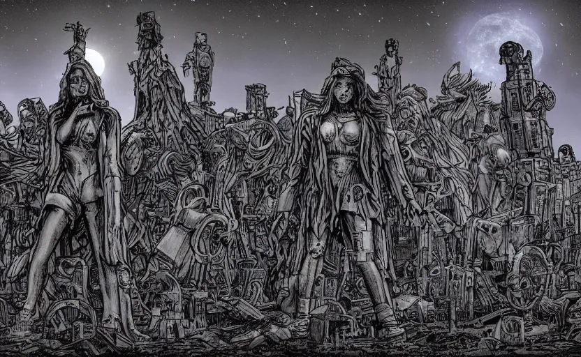 Prompt: weeping angels battle an army of robots in graveyard at night, by jim lee, moonlight, panoramic view, digital coloring