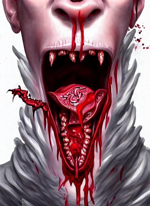 Prompt: incubus sticking out tongue with blood, realistic, surealism, lavish, steep, aesthetic, extravagant, shiny, fantasy, intricate, elegant, extremely higly detailed, digital painting, artstation, ornate, grotesque, baroque, concept art, smooth, sharp focus, by joongwon charles jeong and diego fazio