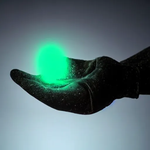 Image similar to a black gloved hand holding a dinly glowing shard of kryptonite in pitch black