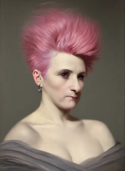 Prompt: a detailed portrait of 6 0 year old girl with a mohawk by edouard bisson, pink hair, punk rock, looking at the camera, oil painting, muted colours, soft lighting