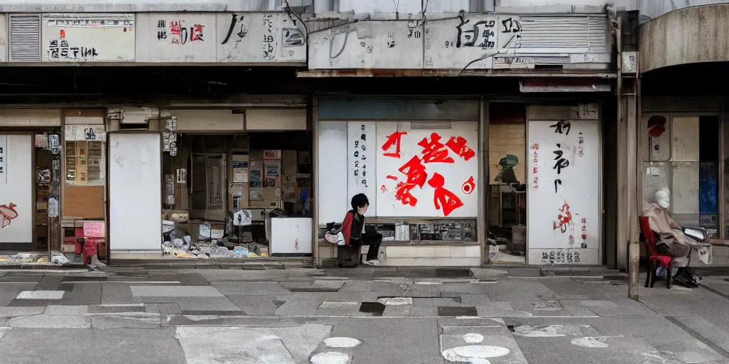 Image similar to an exterior of an abandoned internet cafe in japan, with the japanese sign and art of people playing computers