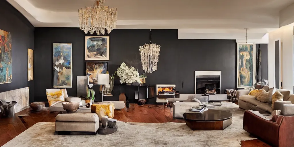 Prompt: a modern living room with dark wood floors and muted colored walls, adjacent hallways, and a wall sized hollywood fireplace, low hanging art deco chandeliers on fire.