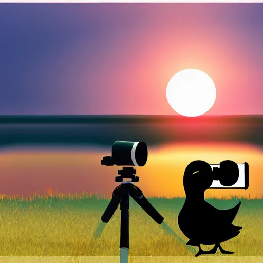 Prompt: a duck who's a photographer, duck is holding a camera, with sunset in the background, animated, digital art
