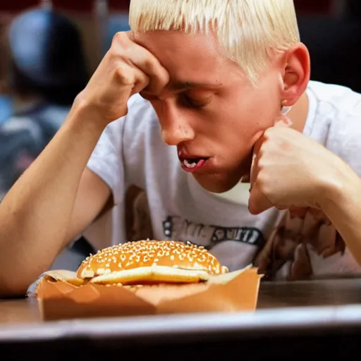 Prompt: slim shady eating a greasy burger