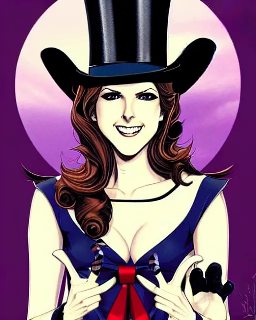 Image similar to beautiful Anna Kendrick Zatanna DC Comics floating on stage, wearing a top hat, symmetrical face symmetrical eyes, smiling, fantasy, intricate details, atmospheric, elegant, concept art, art by eiichiro oda, Joshua Middleton art