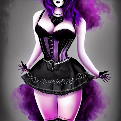 Image similar to full body art of a pretty woman, purple hair, black corset, tartan skirt, black gloves, black lipstick, digital art, fantasy art, 4k,