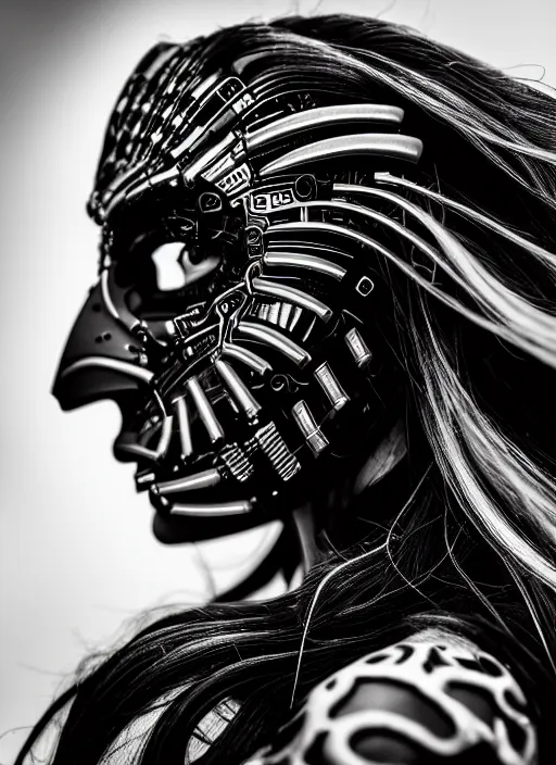 Image similar to a profile portrait, a stunning young mutant cyborg - crow woman, editorial photography, bw, shot on 7 0 mm, depth of field, f / 2. 8, high contrast, 1 6 k, volumetric lighting, shiny, insanely detailed and intricate, hypermaximalist, elegant, ornate, hyper realistic, super detailed