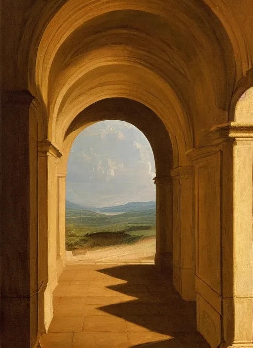 Prompt: a thomas cole painting of a hallway with round arches decorated by wes anderson