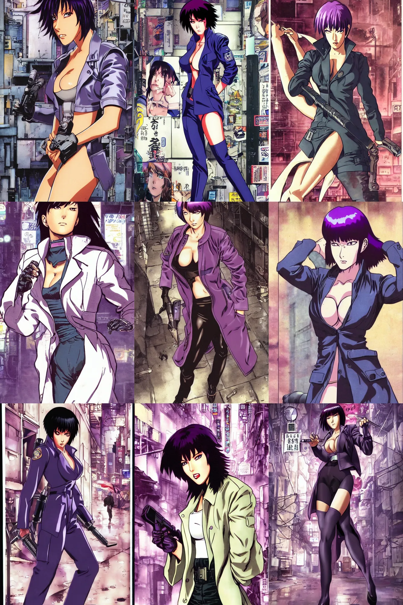 Prompt: motoko kusanagi by masamune shirow, trading card, trenchcoat, determined expression, dirty alleyway background, pin - up