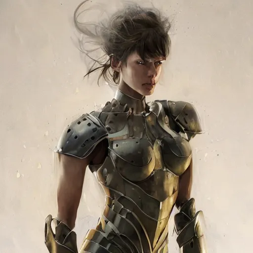 Prompt: a professional painting of a beautiful young female, partially clothed in battle armor, olive skin, long dark hair, beautiful bone structure, upper body, symmetrical facial features, intricate, elegant, digital painting, concept art, smooth, sharp focus, illustration, from Metal Gear, by Ruan Jia and Mandy Jurgens and Greg Rutkowski and Artgerm and William-Adolphe Bouguerea and artgerm-n 9