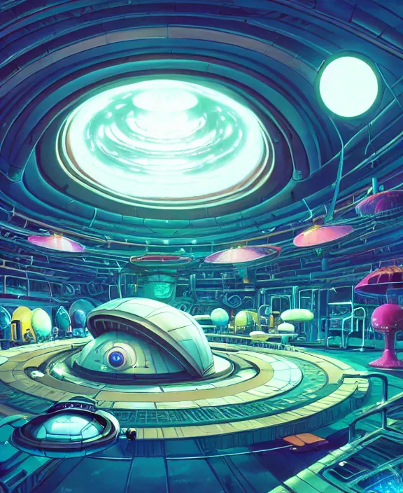 Image similar to simplicity, an amusement park made out of alien creatures, biological, in the style of a round spaceship, surrounded by auras, by dan mumford, yusuke murata, makoto shinkai, ross tran, cinematic, unreal engine, cel shaded, featured on artstation, pixiv