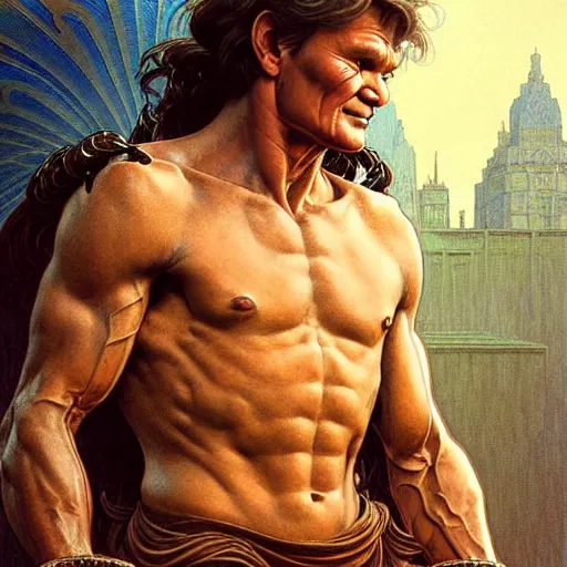 Image similar to patrick swayze as the roman god of protection!! intricate elegant, highly detailed, digital painting, artstation, concept art, smooth, sharp focus, illustration, art by ( ( ( artgerm ) ) ) and greg rutkowski! and ( ( alphonse mucha ) ), heavily influenced by frank frazetta and boris vallejo, sword and sorcery