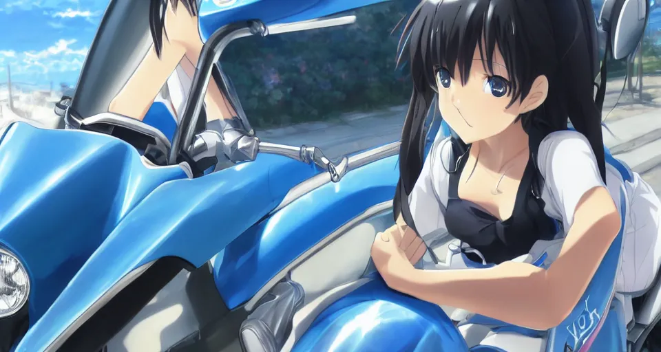 Image similar to close up of a high definition anime girl in a blue honda c90 with armenia quindio in the background , Artwork by Makoto Shinkai, pixiv, 8k, official media, wallpaper, hd