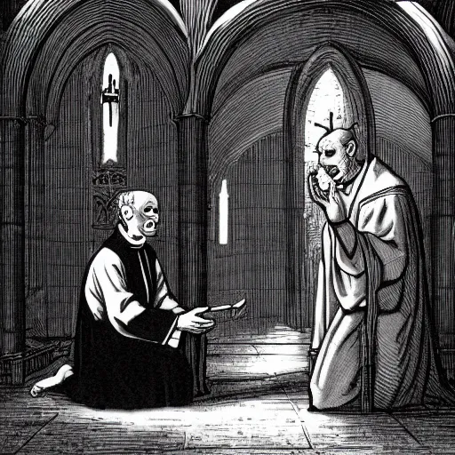 Prompt: catholic priest baptizing a scary goblin in a church