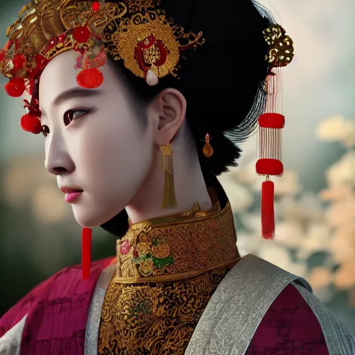 Prompt: young chinese princess with traditional clothes, medium shot, intricate details, octane, unreal engine, ultra - realism, photorealism, photorealistic, 4 k, 8 k, 1 6 k