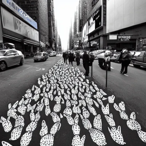 Image similar to NewYork street is raided by a million rabbit, Ultrarealism, real , fake, black and white