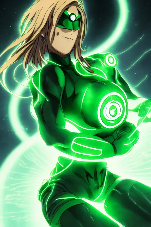 Image similar to anime key visual of a beautiful female green lantern, intricate, glowing accents, powers, glowing ring, speed, goddess, dc comics, cinematic, stunning, highly detailed, digital painting, artstation, smooth, hard focus, illustration, character concepts by senior concept artist