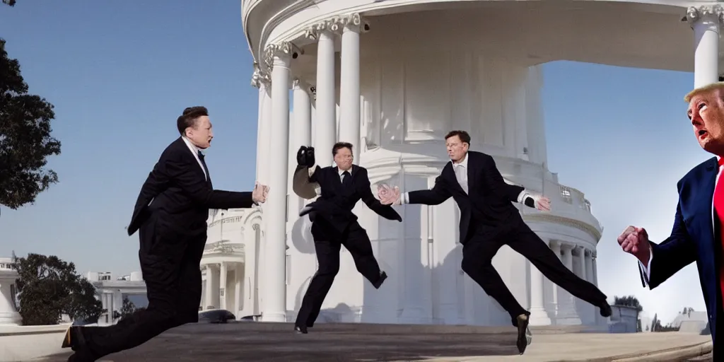 Prompt: a professional cinematic photo of donald trump fighting elon musk on top of white house. extremely high fidelity. key light.