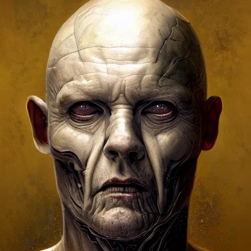 Image similar to surreal portrait of a man by Greg Rutkowski and H.R Giger, cyborg of indeterminate age, symmetrical, bald, haunting appearance, pale as marble, biomechanical and intricate, empty and uncany expression, cosmic void background, frightening, fascinating, highly detailed portrait, digital painting, artstation, concept art, smooth, sharp foccus ilustration, Artstation HQ.