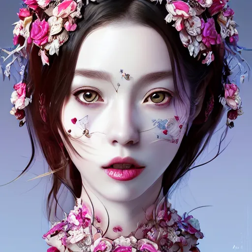 Prompt: the portrait of the absurdly beautiful, graceful, elegant, gorgeous, fashionable photorealistic anime pale woman made of cherries and white petals with tears, an ultrafine hyperdetailed illustration by kim jung gi, irakli nadar, intricate linework, bright colors, octopath traveler, final fantasy, unreal engine highly rendered, global illumination, radiant light, intricate environment