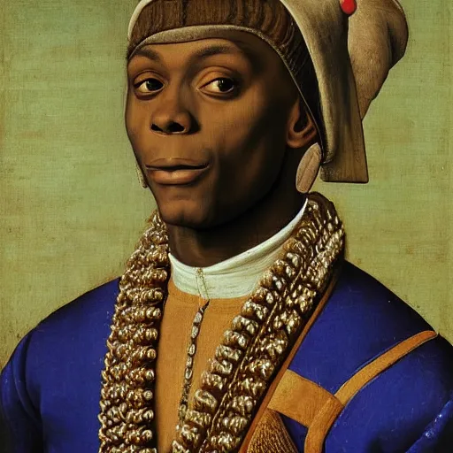 Image similar to a renaissance portrait painting of soulja boy by giovanni bellini