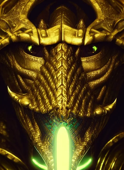 Image similar to portrait of a dragonborn hero, golden scales and green eyes, perfect facial symmetry + dim volumetric lighting, 8k octane beautifully detailed render, post-processing, extremely hyperdetailed, intricate, epic composition, grim yet sparkling atmosphere, cinematic lighting + masterpiece, trending on artstation