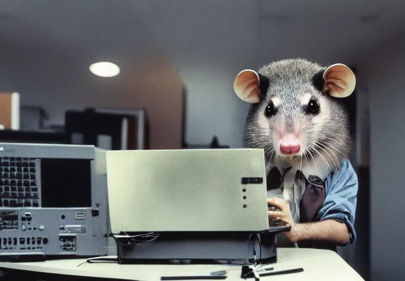 Image similar to possum dressed as an office worker, working on a desktop computer, in a 1980s office, old photo, colorized, trending on Artstation, award-winning