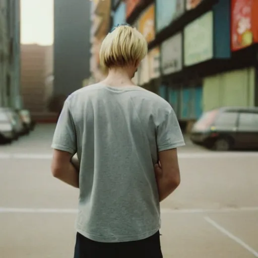 Image similar to kodak portra 4 0 0 photograph of a skinny blonde guy standing in empty dystopian city, back view, flower crown, moody lighting, telephoto, 9 0 s vibe, blurry background, vaporwave colors, faded!,