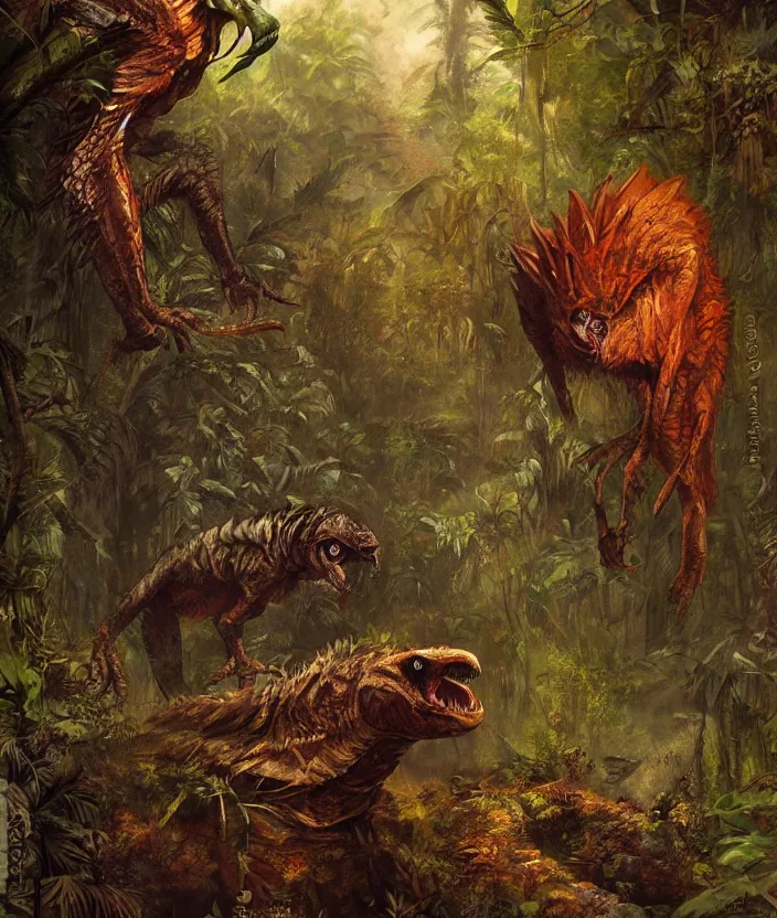 Prompt: raptor stalking in the jungle, mysterious, fantasy artwork, godrays, warm colors, by seb mckinnon