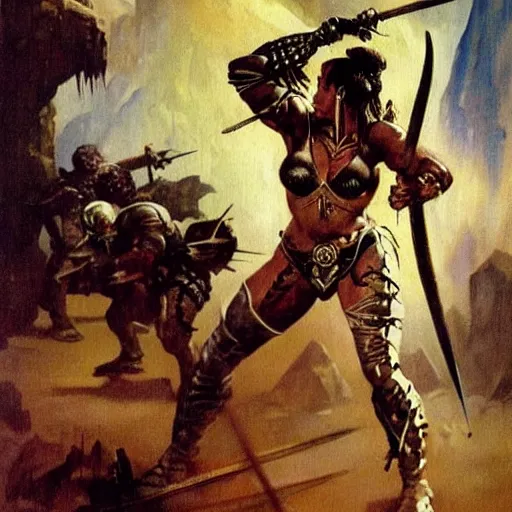 Image similar to fantasy painting by Frank Frazetta portraying a female warrior in armor,wielding a spear,high quality,beautiful,detailed