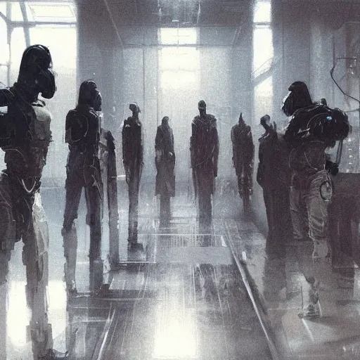 Image similar to concept art by greg rutkowski, a very tall, and slender man with short black hair, sitting with the crew in the ship's flight deck, brutalist futuristic interior, dark lighting atmosphere, detailed portraits, nostalgic atmosphere, scifi, digital painting, artstation, concept art, smooth, sharp foccus ilustration, artstation hq