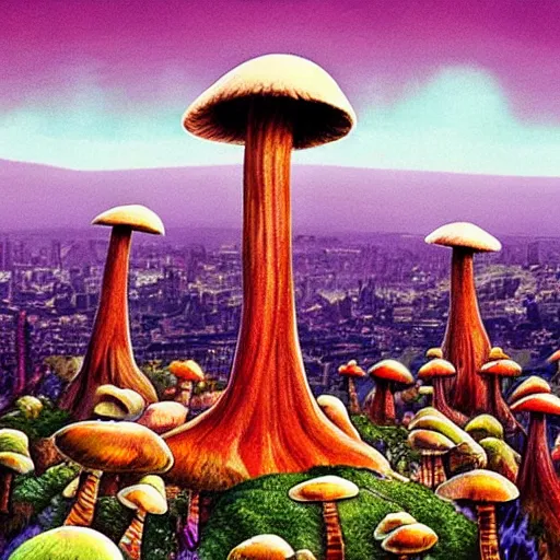 Image similar to a giant, nightmarish mushroom looking over an exotic city on the horizon, a mushroom forest, a red and purple mist filled with eyes