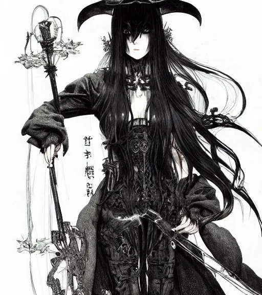 Prompt: portrait of anime succubus with long hair wearing a witch hat, perfect fit body, wearing black leather dark robe designed by yoshitaka amano, pen and ink, intricate line drawings, by craig mullins, ruan jia, kentaro miura, greg rutkowski, loundraw, yoshitaka amano