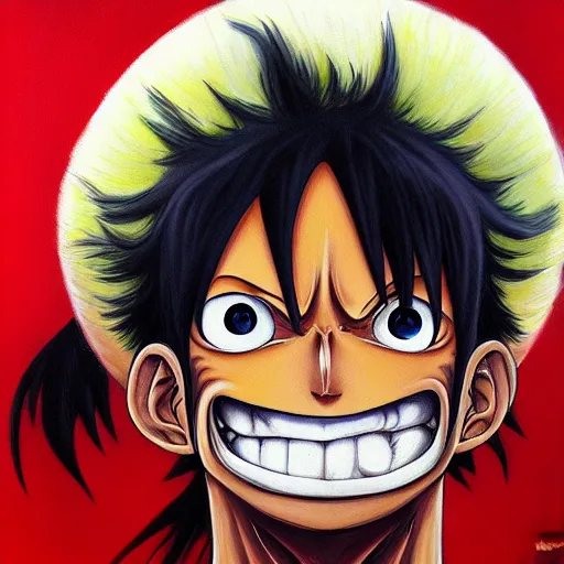 Prompt: Monkey D. Luffy oil painting masterpiece, featured on ArtGerm