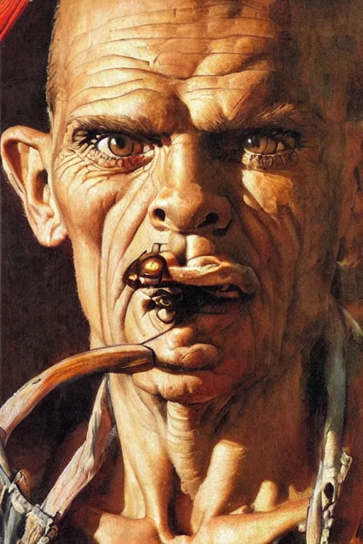 Image similar to a closer personal portrait of popeye with very piercing eyes, very charismatic. in the old ancient temple of luxor. masterpiece, dark. painted by norman rockwell and james gurney