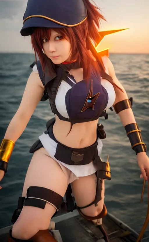 Image similar to highly detailed, high resolution, cosplay photo, octane, stunning, realistic lightning, real sunset, real water, characters from kantai collection, sharp focus, 150mm, trending on facebook, by professional photographer, realistic human anatomy, female sailor uniforms