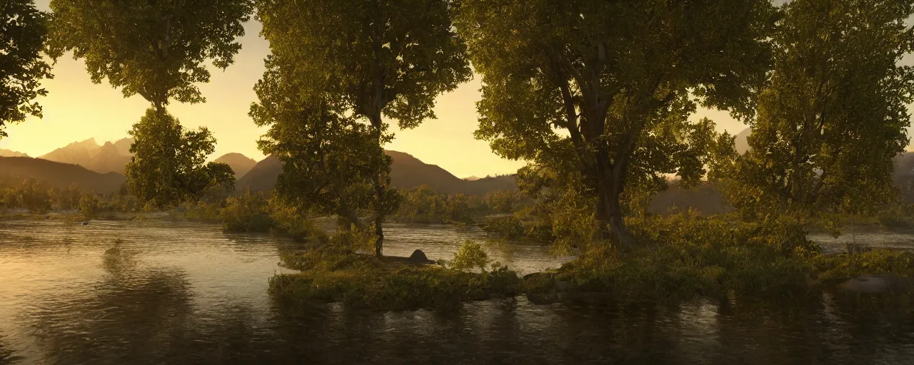 Prompt: big realistic tree near to a river on sunset with reflection on the leaves and mountains in the background, landscape, extremely high fidelity, 8 k, super resolution, concept art, cinematic view, super resolution, unreal engine 5, perspective 3 d octane render, light rays, lens flare, epic, hyperdetailed