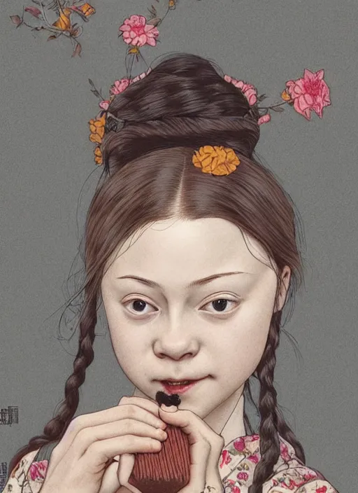 Image similar to detailed portrait of greta thunberg as a geisha eating cakes, trending on artstation elite, elegant, luxury, by krenz cushart, junji ito, takato yamamoto, perfect face, fine details, realistic shaded, fine - face, pretty face