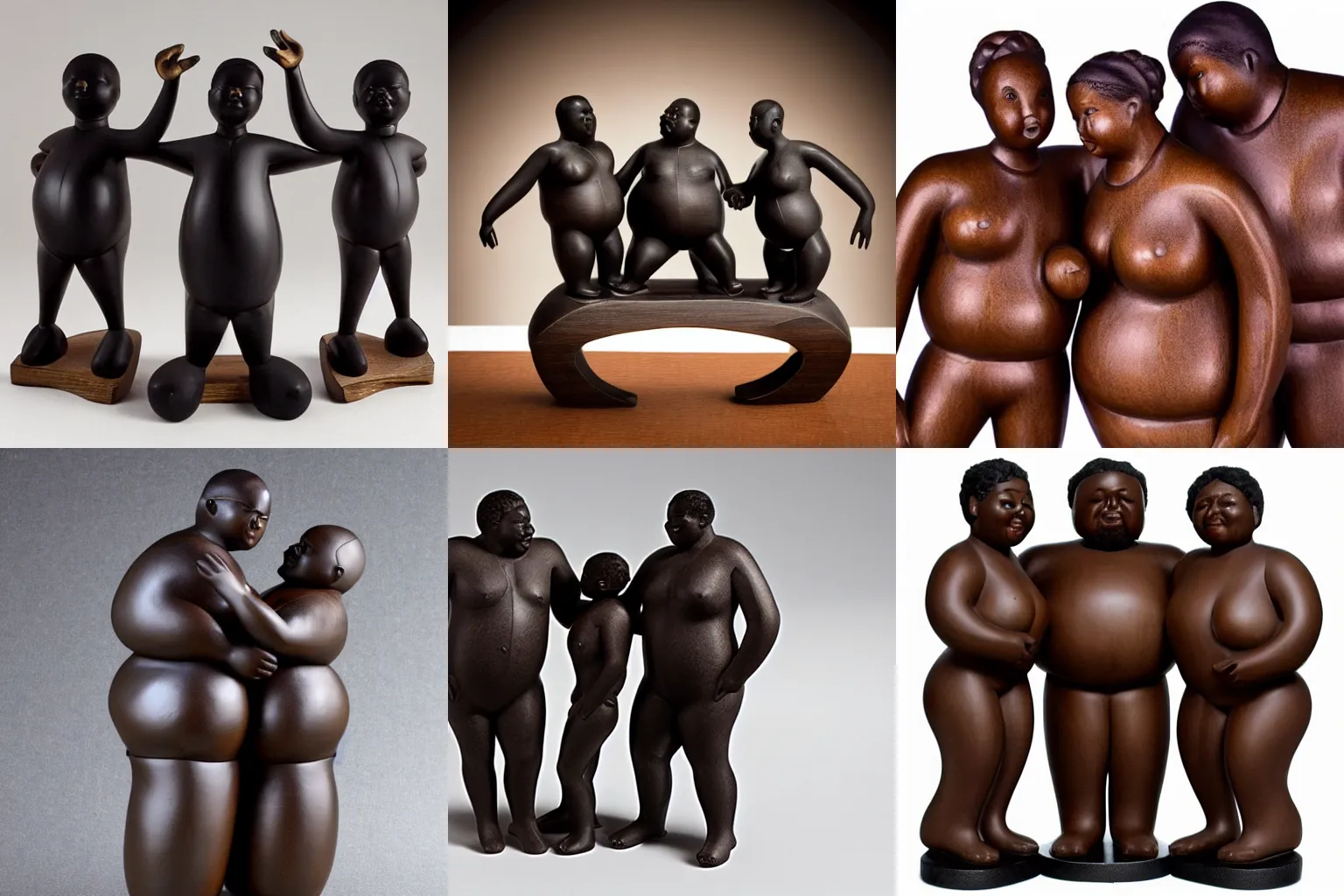 Prompt: ebony wood sculpture of three beautiful fat androgynous black people loving each other