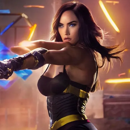 Image similar to action still of Caitlyn in KDA League of legends movie played by Megan Fox. dslr, 4k, imax, cinematic, 35mm, 4k resolution