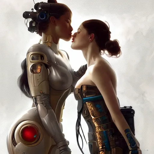 Image similar to Ultra realistic illustration, two women kissing a robot, cyberpunk, sci-fi, fantasy, intricate, elegant, highly detailed, digital painting, artstation, concept art, smooth, sharp focus, illustration, art by artgerm and greg rutkowski and alphonse mucha