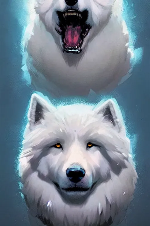 Image similar to comic book cover. fluffy samoyed by greg rutkowski, trending on artstation