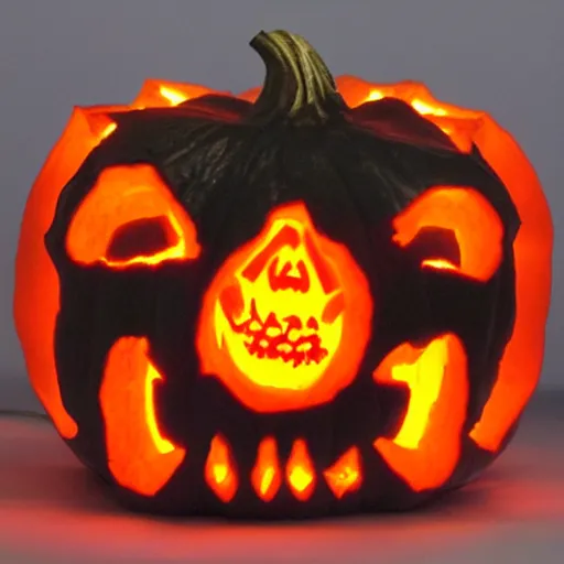 Image similar to a demonic skull sculpted into a lighted pumpkin, highly detailed, realistic, photo